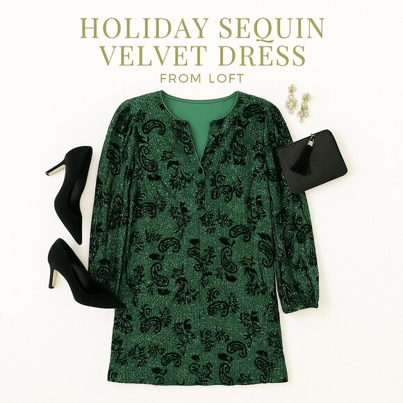 LOFT Emerald Green Velvet Sequin Floral Shift Dress Size 6 WI23 - Picture 15 of 15